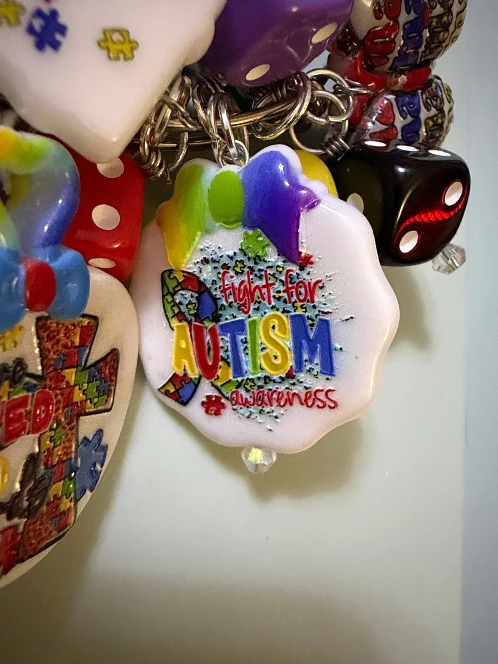 Multicolor Autism Kids Dice Charm Bracelet - Rainbow Dice & Charms